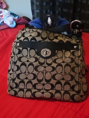 Coach Khaki and Black Signature Canvas Turnlock Crossbody